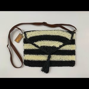Striped Black/White Boho Straw Crossbody Bag